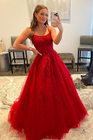 Cute Ball Gown Sweetheart Red Tulle Lace Prom Dresses AB083106