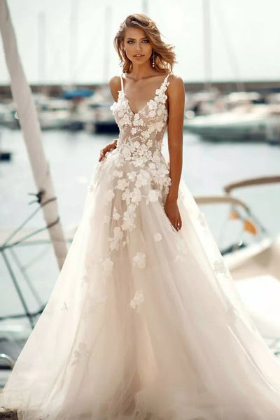 Gorgeous V Neck Tulle Ivory Wedding Dresses with Appliques AB083107