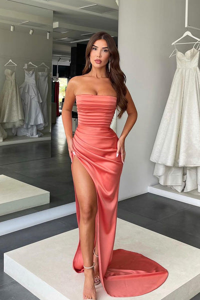 Charming Mermaid Strapless Orange Satin Prom Dresses with Slit AB083108