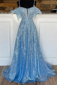 Sparkly A Line Deep V Neck Light Blue Sequins Long Prom Dresses with Appliques AB090302