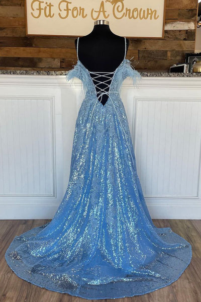 Sparkly A Line Deep V Neck Light Blue Sequins Long Prom Dresses with Appliques AB090302