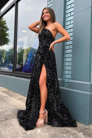 Cute A Line One Shoulder Black Sequins Prom Dresses with Slit AB090303