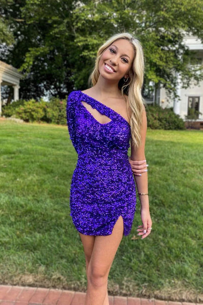 Cute One Shoulder Purple Sequins Short Homecoming Dresses with Long Sleeves AB090605