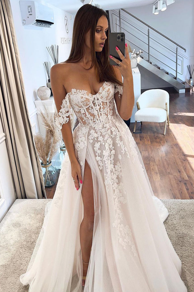Gorgeous A Line Sweetheart Tulle Wedding Dresses with Appliques AB0908 Anniebride Gorgeous A Line Sweetheart Tulle Wedding Dresses with Appliques AB0908 Anniebride