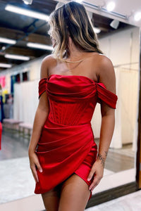 Cute Bodycon Strapless Red Silk Satin Short Homecoming Dresses AB091205