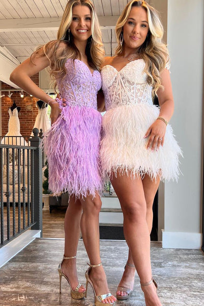 Cute Sweetheart White Feather Short Homecoming Dresses with Appliques AB091808