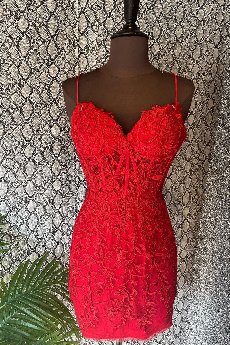 Sweet Bodycon Sweetheart Red Lace Short Homecoming Dresses AB092007