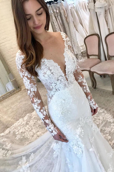 Elegant Mermaid V Neck Lace Wedding Dresses with Appliques AB092105
