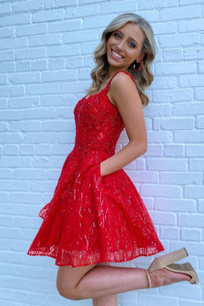 Cute A Line V Neck Red Sparkly Tulle Lace Short Homecoming Dresses AB092402