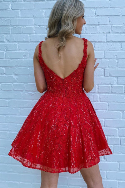 Cute A Line V Neck Red Sparkly Tulle Lace Short Homecoming Dresses AB092402