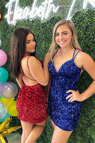 Cute Bodycon V Neck Purple Sequins Short Homecoming Dresses AB092407