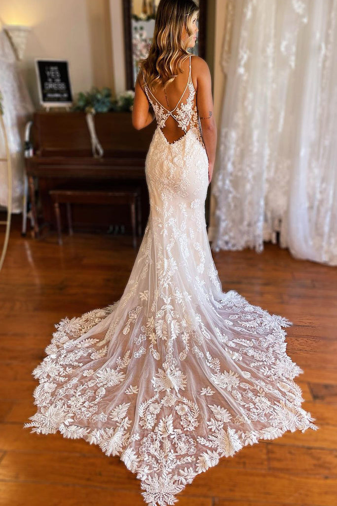 Elegant Mermaid V Neck Lace Wedding Dresses with Appliques AB100202 Anniebride Elegant Mermaid V Neck Lace Wedding Dresses with Appliques AB100202 Anniebride