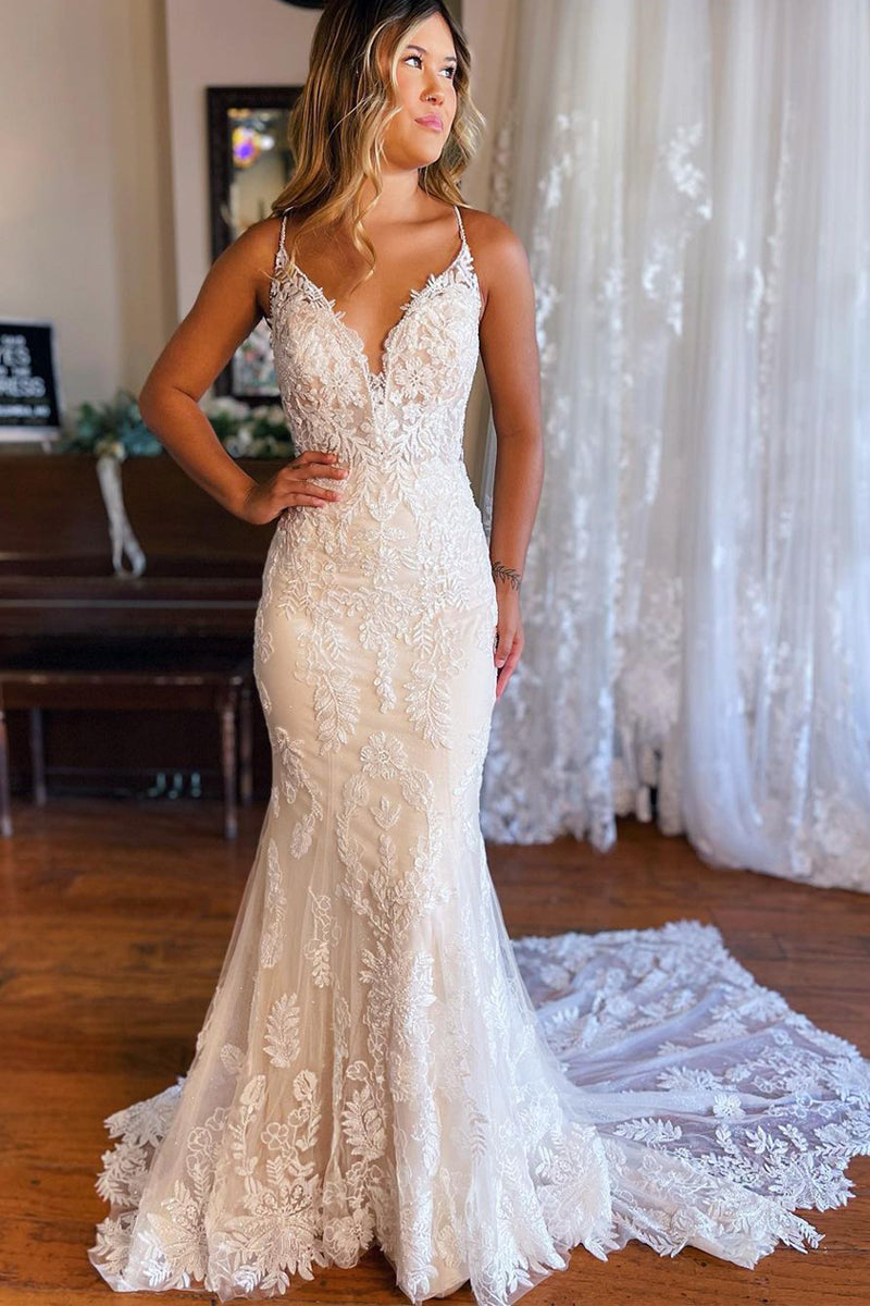 Elegant Mermaid V Neck Lace Wedding Dresses with Appliques AB100202