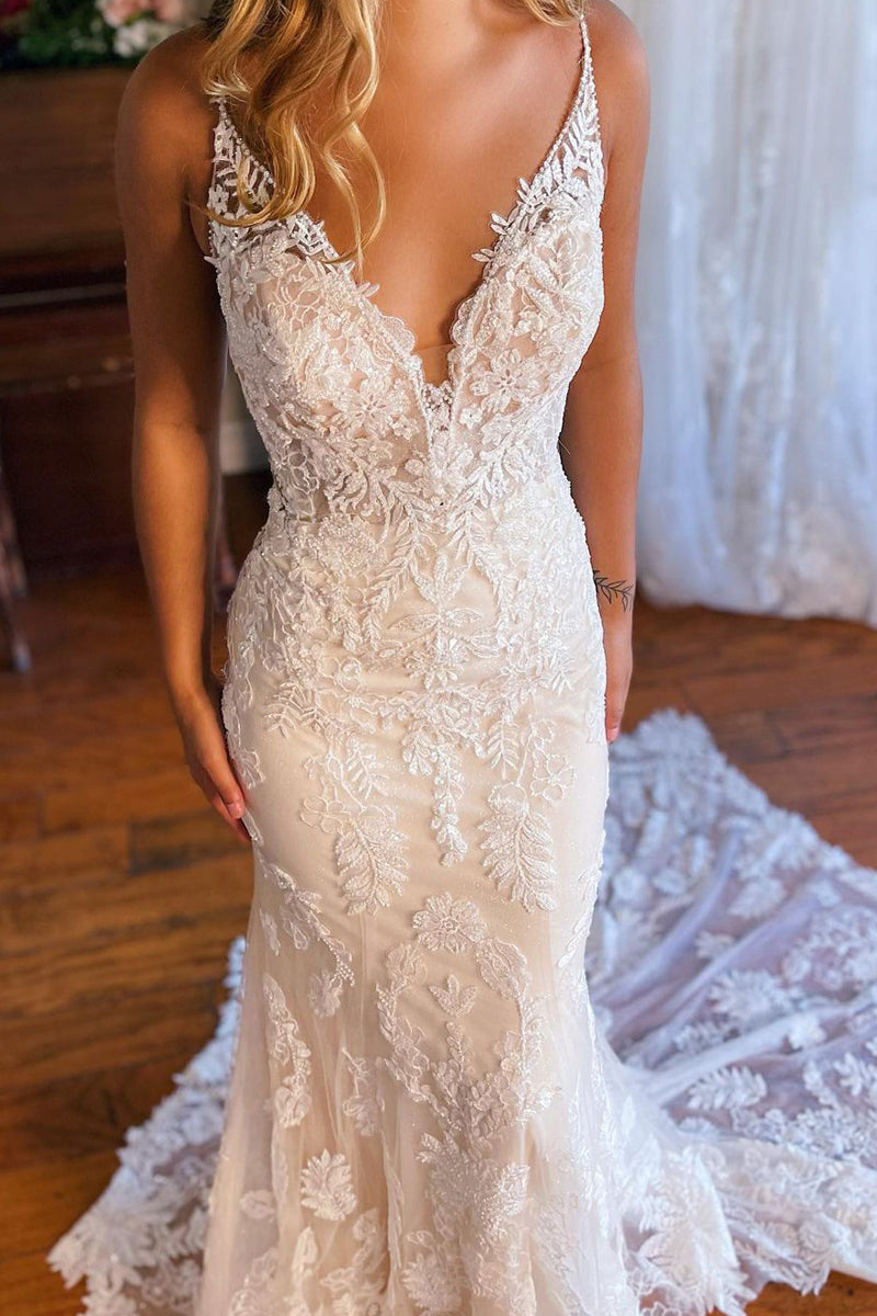 Elegant Mermaid V Neck Lace Wedding Dresses with Appliques AB100202 –  Anniebride