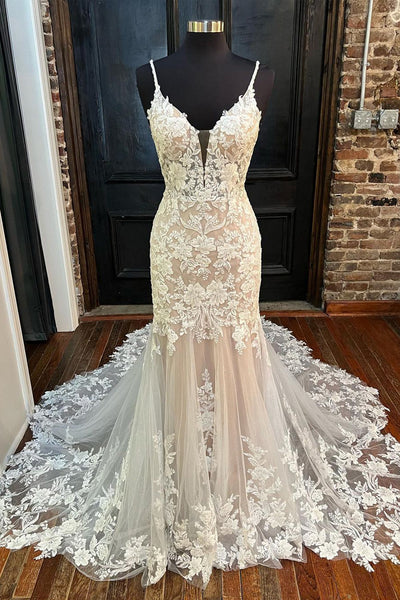 Elegant Mermaid V Neck Lace Wedding Dresses with Appliques AB100301