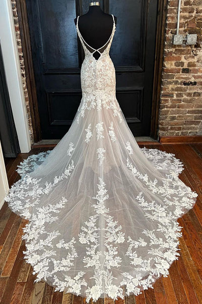 Elegant Mermaid V Neck Lace Wedding Dresses with Appliques AB100301