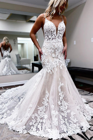 Charming Mermaid V Neck Lace Wedding Dresses with Appliques AB100302