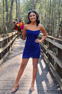 Cute Bodycon Strapless Royal Blue Sequins Short Homecoming Dresses AB1 – Anniebride