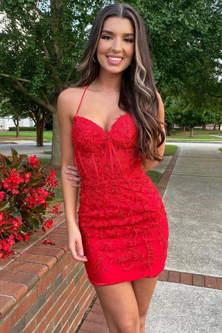 Cute Bodycon Sweetheart Red Lace Short Homecoming Dresses AB100304