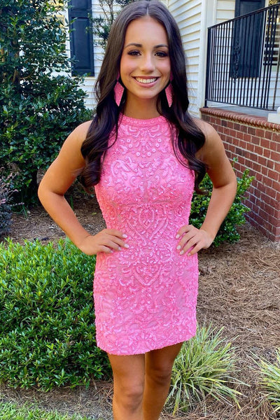 Cute Bodycon Halter Pink Lace Short Homecoming Dresses AB100305 Anniebride Cute Bodycon Halter Pink Lace Short Homecoming Dresses AB100305 Anniebride
