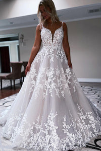 Charming Ball Gown V Neck Tulle Wedding Dresses with Appliques AB100406