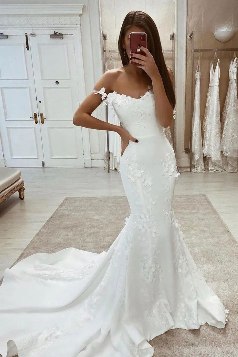 Charming Mermaid Sweetheart White Satin Wedding Dresses with 3D Appliques AB100603