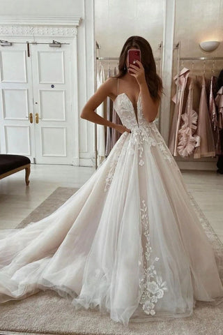 Charming A Line V Neck Champagne Tulle Wedding Dresses with Appliques AB100607
