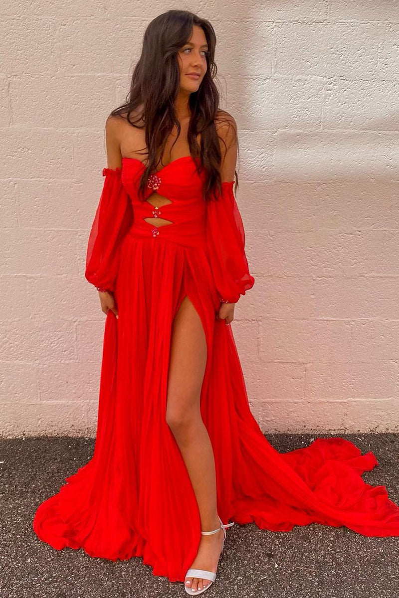 Charming A Line Sweetheart Long Sleeves Red Chiffon Long Prom Dresses with Slit AB100801