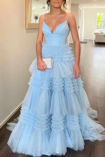 Charming A Line V Neck Light Blue Tulle Long Prom Dresses AB100803
