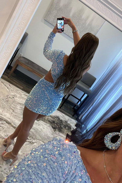 Cute Bodycon One Shoulder Blue Sequins Short Homecoming Dresses AB100805