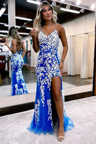 2023 Junior Mermaid V Neck Blue Lace Long Prom Dresses with Slit AB100808