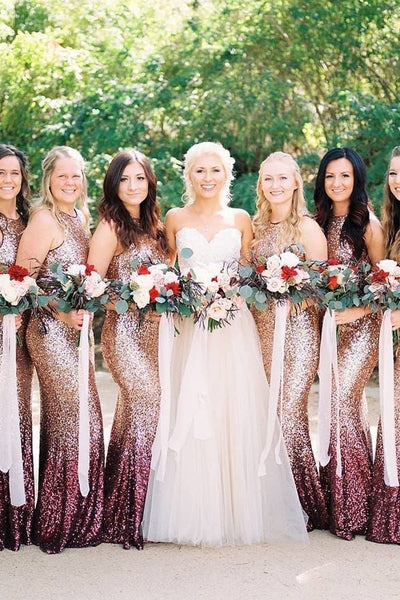 Fashion Mermaid Round Neck Rose Gold Burgundy Sequins Long Bridesmaid Dresses AB100809