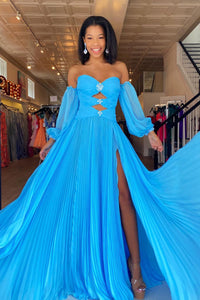 2023 Charming A Line Off the Shoulder Long Sleeves Blue Chiffon Prom Dresses with Slit AB101501