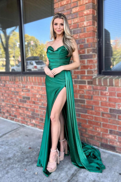 2023 Mermaid Sweetheart Green Satin Prom Dresses with Slit AB101502