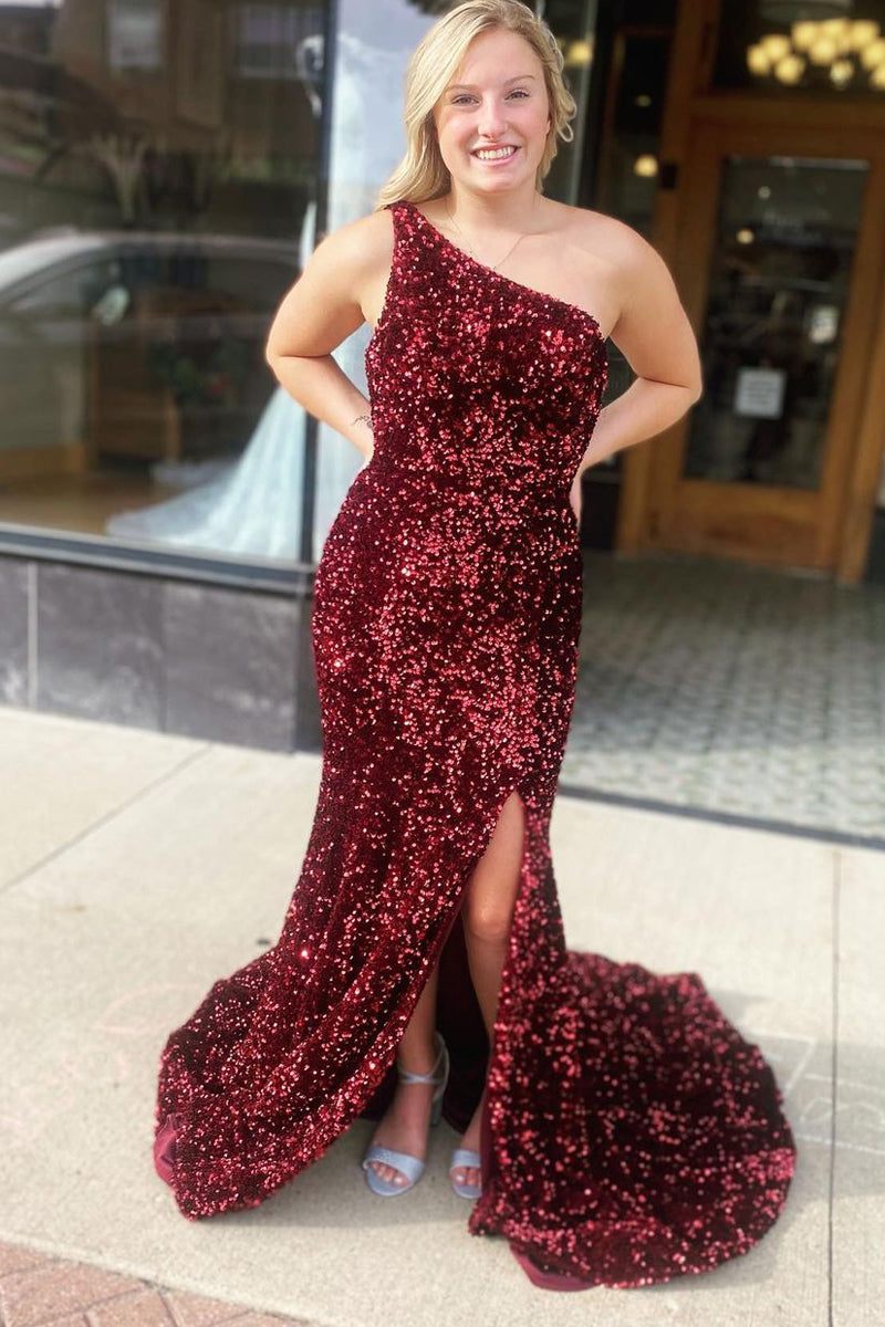 Cute Sparkly Mermaid One Shoulder Burgundy Sequins Long Prom Dresses with Slit AB101503