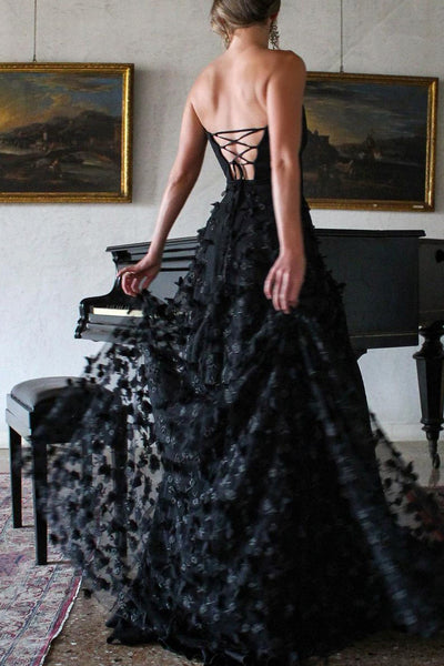 Cute A Line Strapless Black Lace Tulle Prom Dresses with Slit AB062101