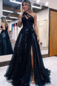 Charming Glitter A Line Sweetheart Black Tulle Prom Dresses with Appliques AB101507