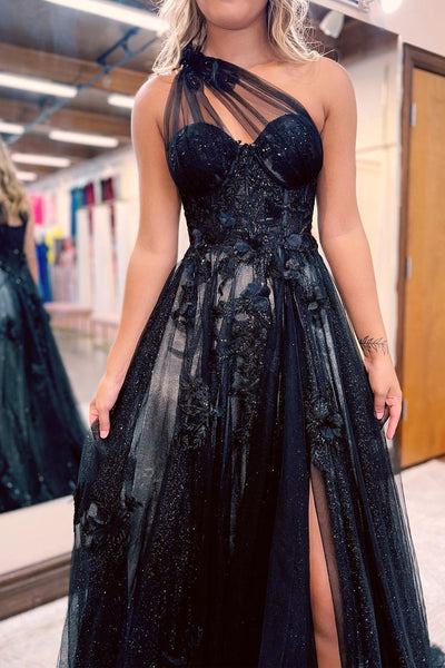 Charming Glitter A Line Sweetheart Black Tulle Prom Dresses with Appliques AB101507