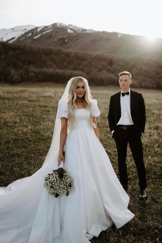 Princess Ball Gown Square Neck Puff Sleeves Satin Wedding Dress AB101601 Anniebride Princess Ball Gown Square Neck Puff Sleeves Satin Wedding Dress AB101601 Anniebride