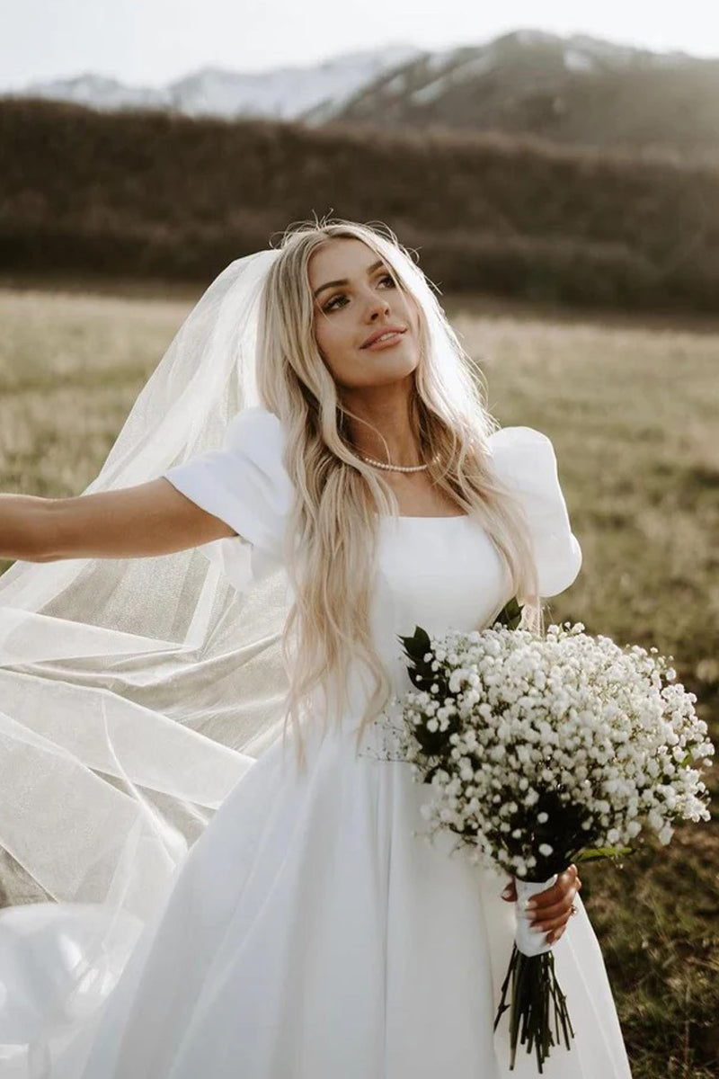 Princess Ball Gown Square Neck Puff Sleeves Satin Wedding Dress AB101601 –  Anniebride