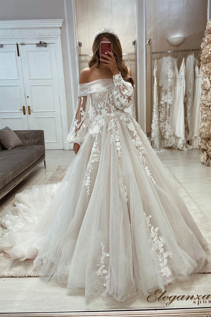 Fairy A Line Off the Shoulder Tulle Wedding Dresses with Appliques AB101801 Anniebride Fairy A Line Off the Shoulder Tulle Wedding Dresses with Appliques AB101801 Anniebride