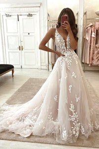 Fairy A Line V Neck Tulle Wedding Dresses with Appliques AB101802