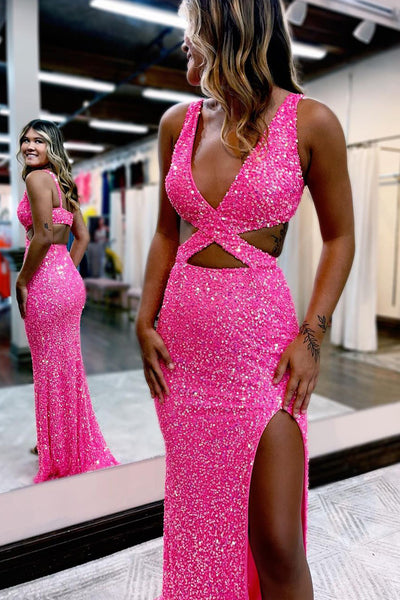 Charming Glitter Mermaid V Neck Hot Pink Sequins Prom Dresses with Slit AB101803
