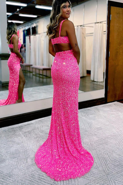 Charming Glitter Mermaid V Neck Hot Pink Sequins Prom Dresses with Slit AB101803