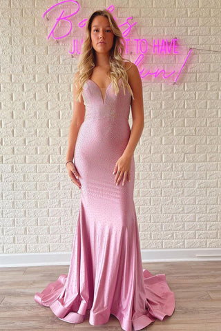 Charming Mermaid V Neck Pink Beading Prom Dresses AB101804
