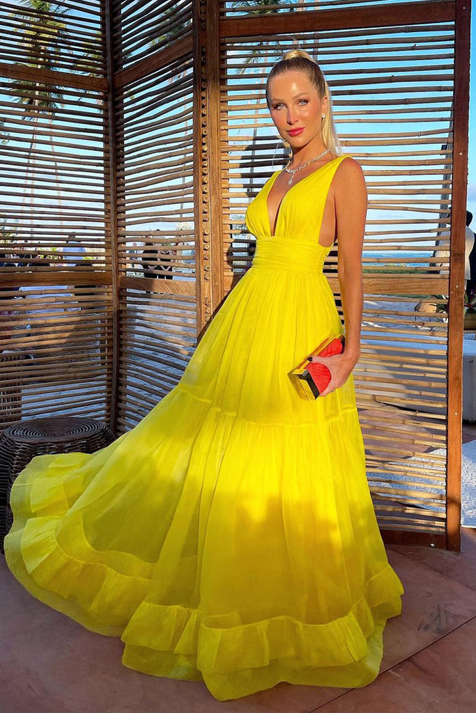 Charming A Line V Neck Yellow Chiffon Evening Dresses AB101805 – Anniebride