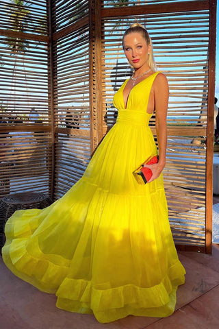 Charming A Line V Neck Yellow Chiffon Evening Dresses AB101805