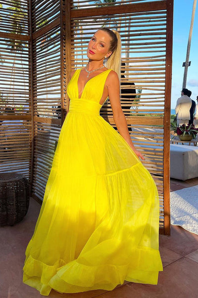 Charming A Line V Neck Yellow Chiffon Evening Dresses AB101805