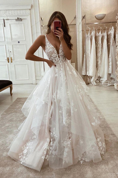 Charming A Line V Neck Tulle Wedding Dresses with Appliques AB101901