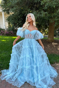 Charming A Line Off the Shoulder Blue Tulle Prom Dresses AB101903